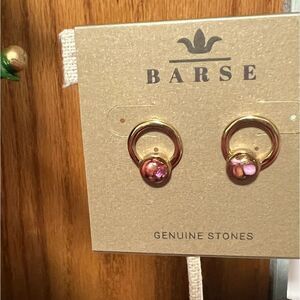 NWT  Barse Genuine Stones Gold and Pink Spiny oyster Matrix Stud Earrings #BJER